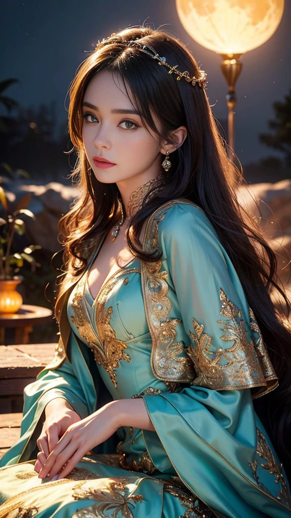8K ultra hd, masterpiece,1 girl, ((realistic face)), detailed eyes, ((very long hair)), flowing hair, small breasts, royal dress, decorated dress, teal dress, anitque jwellery, detailed lacing, flowing cape, bare navel, moon light, amazing night outdoor, spot lights, glowing lights, depth of field, ray tracing, bloom, realistic shadow, tyndal effect, spreding, lights, looking at the audience, sitting,