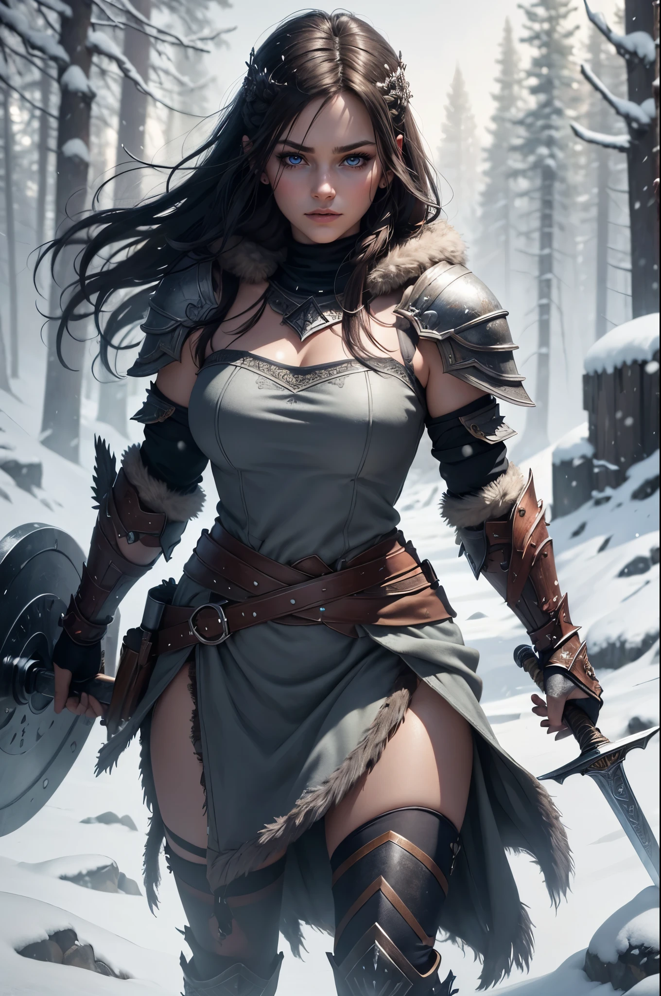 1girl, (warrior), winter clothes, (blood on face:0.8), (Norse:1.1),intricate, fur, shoulder armor, , long hair, (eyeliner:1), wind, blizzard, looking at viewer,jewelry,blue eyes ,detailed background, depth of field,glowing eyes (masterpiece, high quality:1), dual wielding,fist,Lady Knight,anatomical correct,epic fantasy digital art,tmasterpiece,8k,high-definition resolution,detailed drawing,Quality Superior,, Epic composition,masterpiece, Best Quality, detailed, Cinematics, 4k, Background with:Viking buildings built on snowy fjord cliffs, Fierce viking woman warrior wearing armor and fur coat with rune tattoos,(best quality,4k,highres),(realistic,physically-based rendering),a girl,armor:simple,winter,fur,holding a sword,serious expression,vivid colors,portrait,sharp focus,studio lighting,detail of the eyes,metal texture,cold environment,forest background,falling snow,smoke effect,(best quality,4k,highres),(realistic,physically-based rendering),a girl,armor:simple,winter,fur,holding a sword,serious expression,vivid colors,portrait,sharp focus,studio lighting,detail of the eyes,metal texture,cold environment,forest background,falling snow,smoke effect