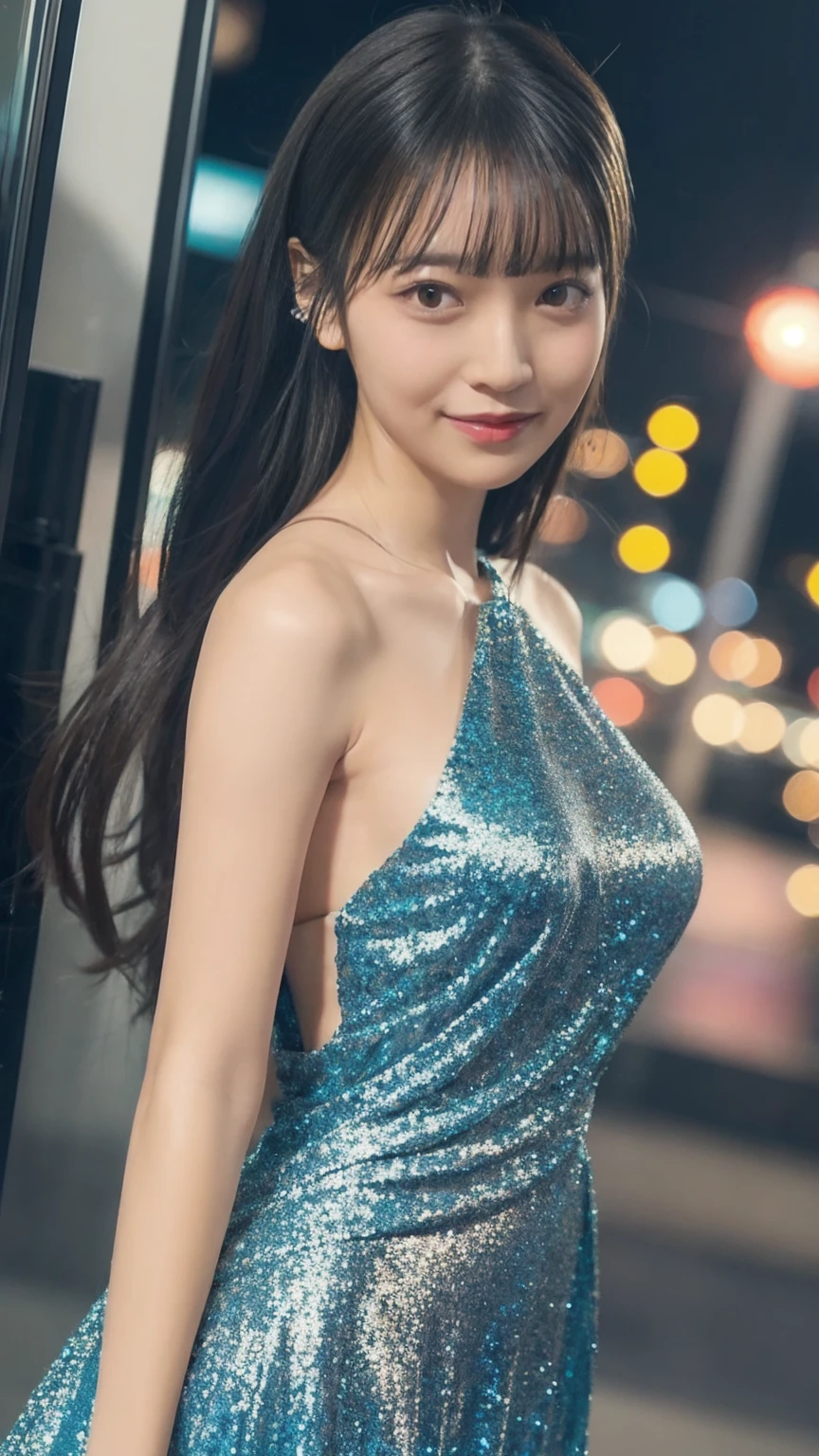 1girl,(wearing a blue glittery evening dress:1.2),(RAW photo, best quality), (realistic, photo-realistic:1.4), masterpiece, an extremely delicate and beautiful, extremely detailed, 2k wallpaper, Amazing, finely detail, extremely detailed CG unity 8k wallpaper, ultra-detailed, highres, soft light, beautiful detailed girl, extremely detailed eyes and face, beautiful detailed nose, beautiful detailed eyes,cinematic lighting,city lights at night,perfect anatomy,slender body,light smile,close up,(long hair with bangs), natural breast, NSFW, open shoulder.