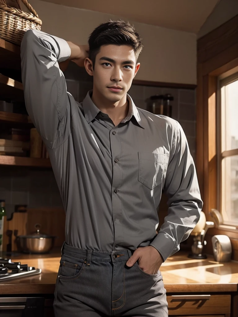armface , Handsome young man holding a mushroom in his hand, (have a mustache:1) ,(buzz cut:1.1), (short hair:1.2), The forearms are muscular., (Wearing a tight-fitting gray button-up collared shirt.:1.6), (Jeans:1.5),Jeans, Big muscles, Handsome and muscular, full body angle, (Old House:1.2), natural light