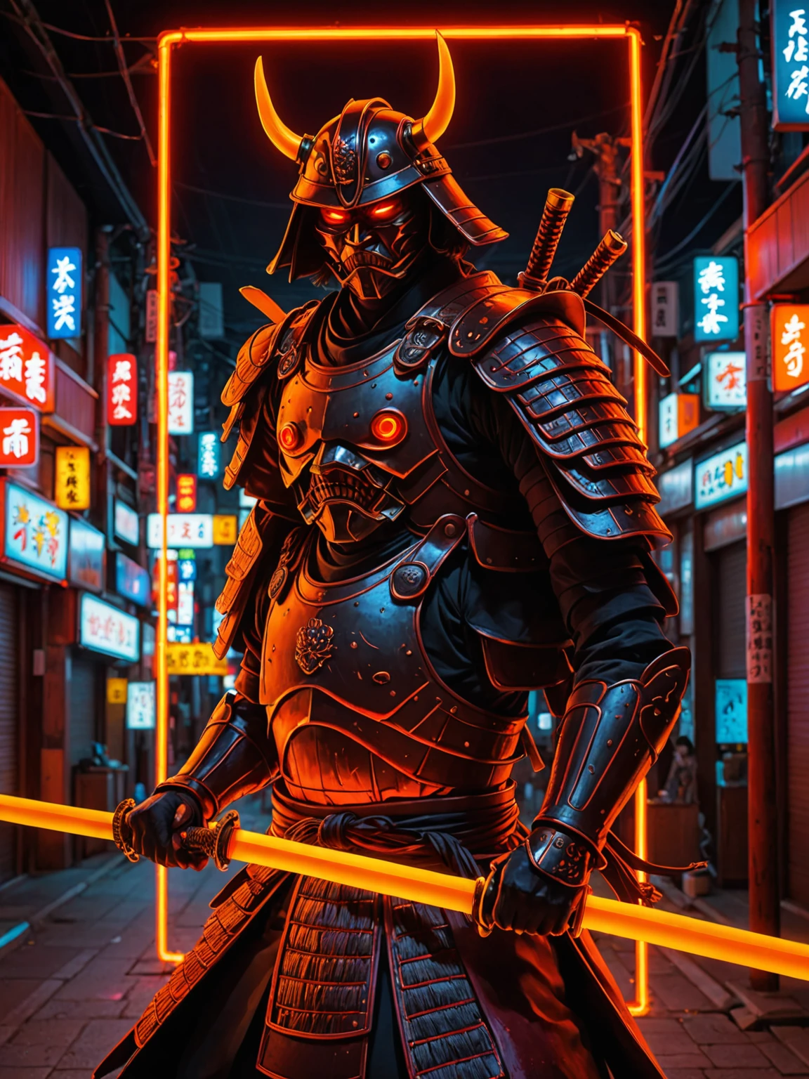 Glowing neon lights, Glowing Samurai emits sparks and electricity, Deep red and orange, Glowing eyes, Movie Stills