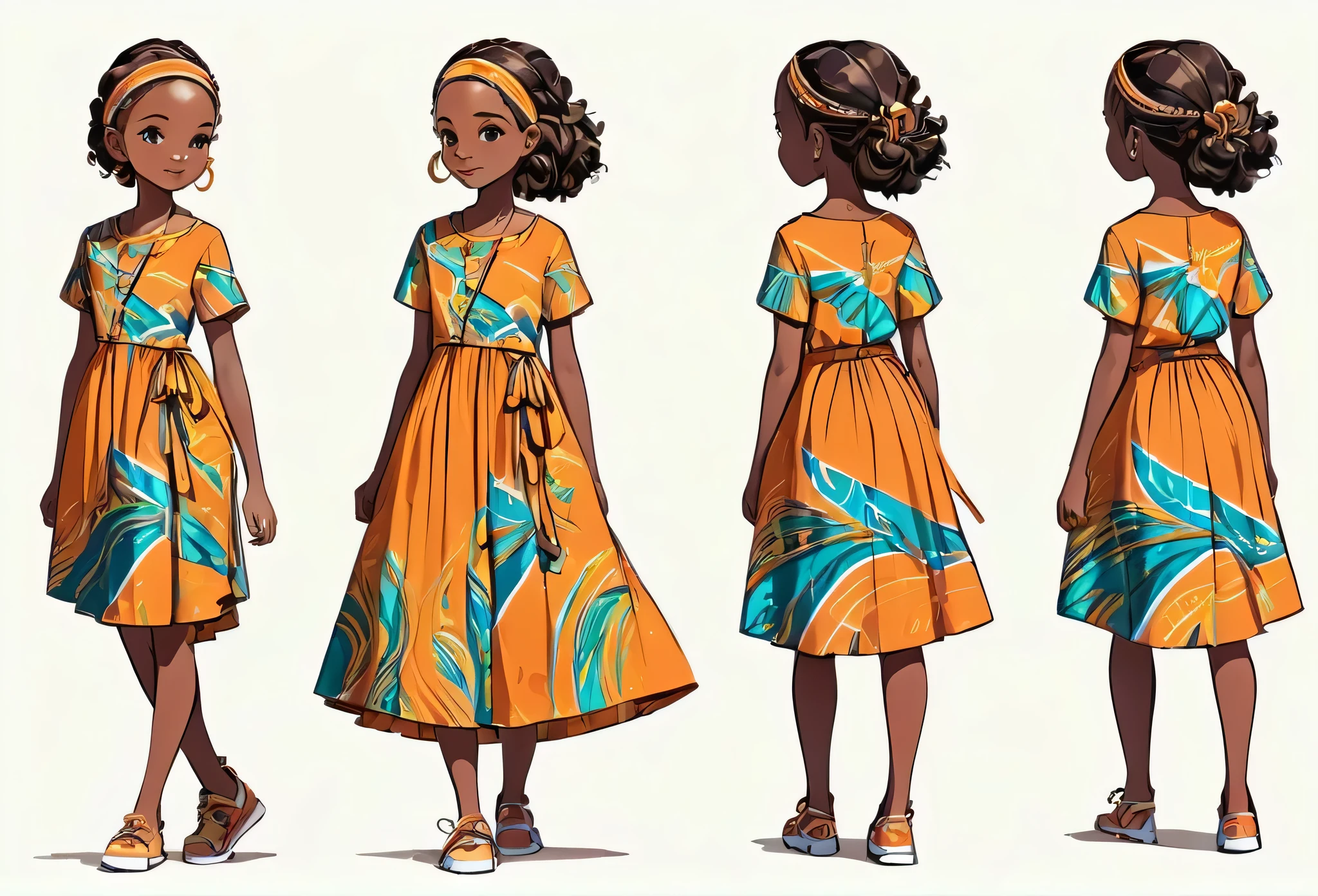 13 years old teenage girl casual dress, walking, (character design sheet) same character front, side, back
African (masterpiece best quality:1.2) delicate illustration ultra-detailed, illustrations, bright, colourful,