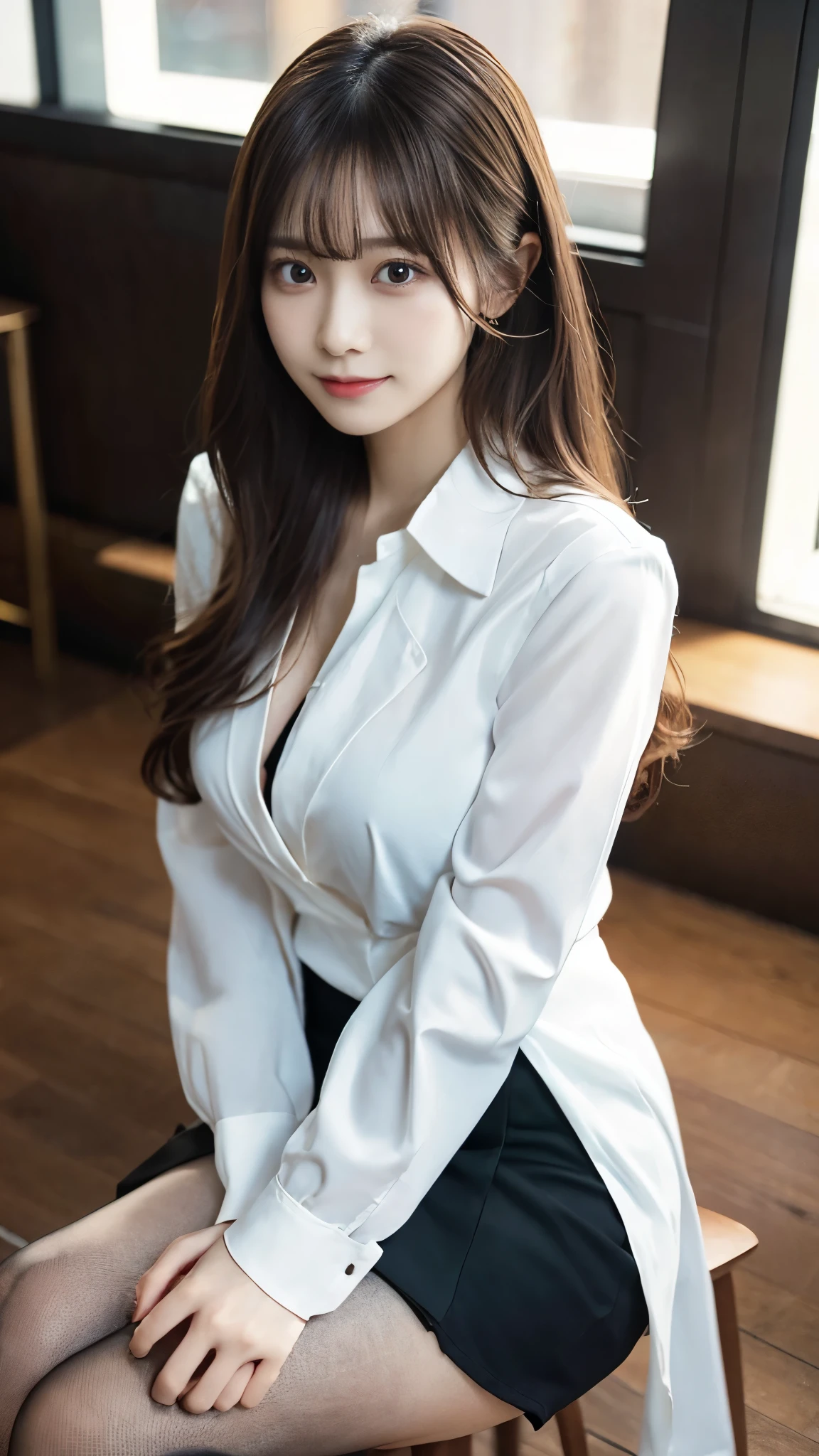(Perfect Anatomy:1.2),Wearing a white open shirt,Sexy woman sitting on a chair, Wearing pantyhose, Crossing your legs, lower angle, Elegant legs, She was wearing a secretary-style suit with a miniskirt.., Japanese Model, to be born,(8k、Highest quality、masterpiece:1.2)、(Intricate details:1.4)、(Realistic:1.4)、Octane Rendering、Complex 3D rendering with ultra-detail, Studio Soft Light, Rim Light, Sharp details, Super Detail, Realistic skin texture, detailed aspects, Beautiful details in the eyes, Highly detailed CG Unity 16k wallpaper, Compensate, (Detailed Background:1.2),Glowing Skin,Wavy long hair with no bangs,Cute Face:1.2,Age 20,Exposed thighs!!!,smile,