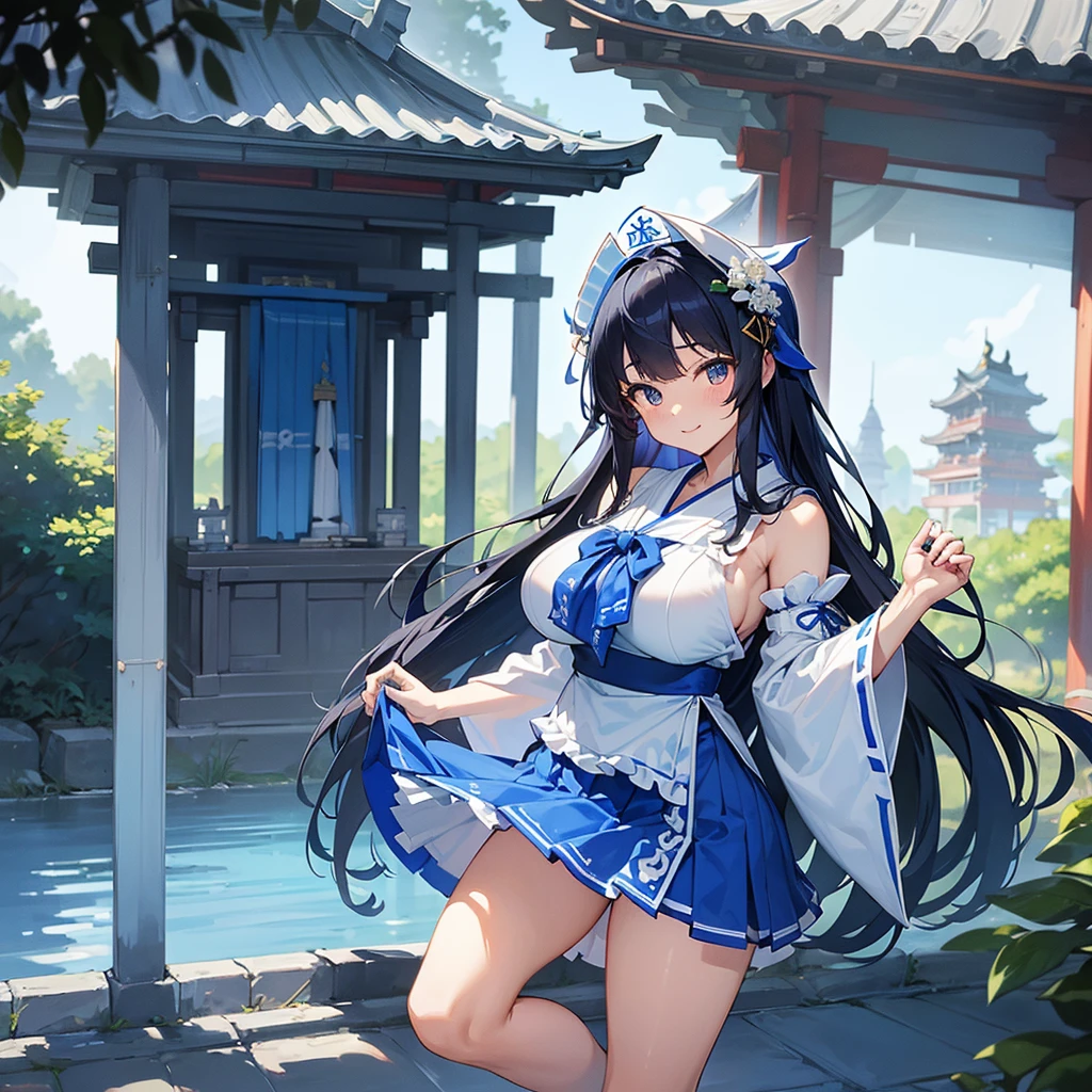 masterpiece,Highest quality,High resolution,Super detailed,hyper quality, highly detailed, (((gripping Big Spear))), The best smile、(((Blue and white shrine maiden costume))), (((青いmicro mini skirt))), Black hair straight、long hair、I don't wear anything on my feet、(((Blue Big Ribbon))), Large slit eyes、Straight bangs、Big Breasts、Blue sleeves、A girl 、Height: 165cm、Are standing、Shrine Background