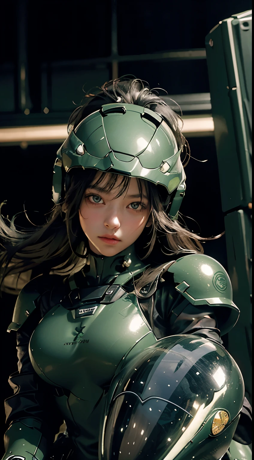Highest image quality, outstanding details, ultra-high resolution, (realism: 1.4), the best illustration, favor details, highly condensed 1girl, with a delicate and beautiful face, dressed in a black and green mecha, wearing a mecha helmet, holding a directional controller, riding on a motorcycle, the background is a high-tech lighting scene of the future city.