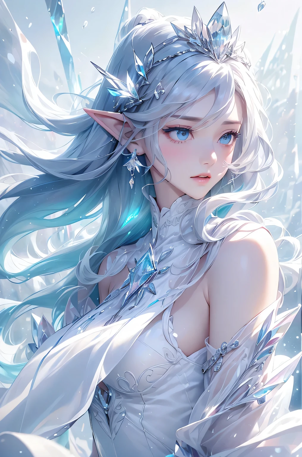 (masterpiece、Highest quality、Highest、Official Art、beautifully、aesthetic、exposed for a long time:1.2)、Smooth movement、Attractive patterns、One Girl、(Long dress with sleeves:1.3)、(((White clothes)))、Upper Body close-up、Expose your shoulders、Korean Girls、smile、Light purple long hair、Portraiture、alone、Upper Body、Looking at the observer、Detailed Background、Detailed face、(Crystallized AI、Crystal Theme:1.1)、Elemental wind Elf、回転wind、 wind、White crystal clothes、Dynamic pose、Suspended particles、Aether Dynamics、旋wind、vapour、背景に旋wind、White Tone、旋wind、Ethereal atmosphere、