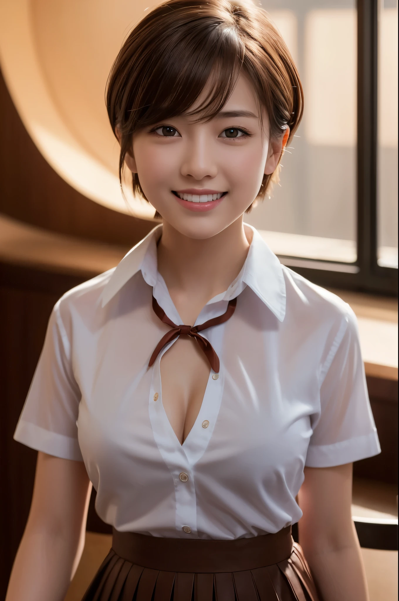 8k, RAW Photos, Highest quality, Tabletop: 1.2), (Realistic, Photorealistic: 1.37), Very detailed, 1 high school girl, Super Beauty(Like the real thing), alone, Beautiful detailed sky, Detailed Coffee, night, Sitting in the store, (Big smile: 1.1), Long brown hair　Medium chest, Beautiful detailed eyes, (Collared shirt: 1.1), A bow tie, Pleated skirt, (short hair: 1.2), Long Hair, 　Beautiful expression　Ultra-high resolution,Ultra-Realistic Skin,masterpiece,Highest qualityのPhotorealisticなRAW Photos。Bright colors,Rich colors, Backlight, Cinema Lighting, Film Grain, 50mm lens, Nikon D850,Beautiful expression,Fantasy art,Character Art,View your viewers,Top view,,Accentuate your cleavage,See-through,Dynamic pose,