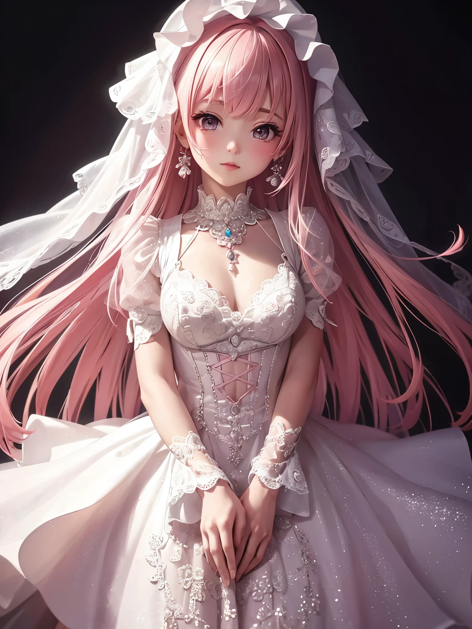 Super delicate cute girl in a Lolita dress with pink hair. 8K Ultra High Definition, Delicate texture, Pure white background.