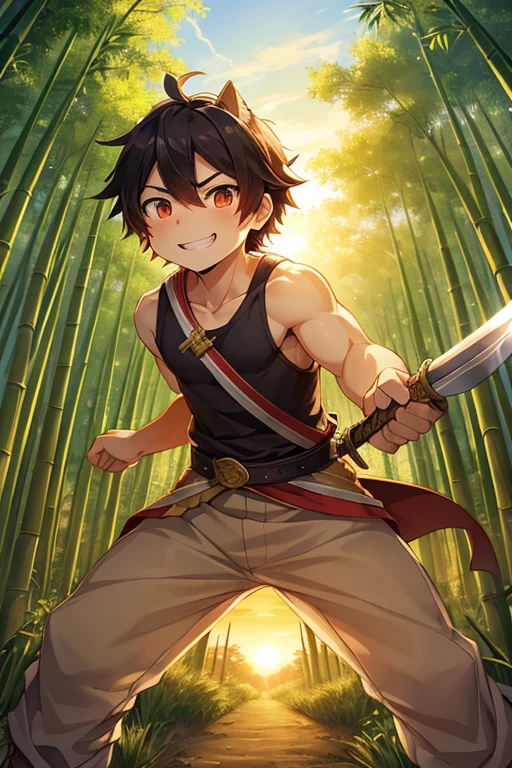 A hot-blooded boy with a strong sense of justice。Holding a Nichirin sword、Rin fighting demons々With a serious expression、In the landscape where the morning sun shines、Show a kind smile。The background is a bamboo forest and sunrise.、A powerful and hopeful atmosphere。