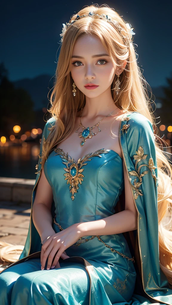 8K ultra hd, masterpiece,1 girl, ((realistic face)), detailed eyes, ((very long hair)), flowing hair, small breasts, royal dress, decorated dress, teal dress, anitque jwellery, detailed lacing, flowing cape, bare navel, moon light, amazing night outdoor, spot lights, glowing lights, depth of field, ray tracing, bloom, realistic shadow, tyndal effect, spreding, lights, looking at the audience, sitting,