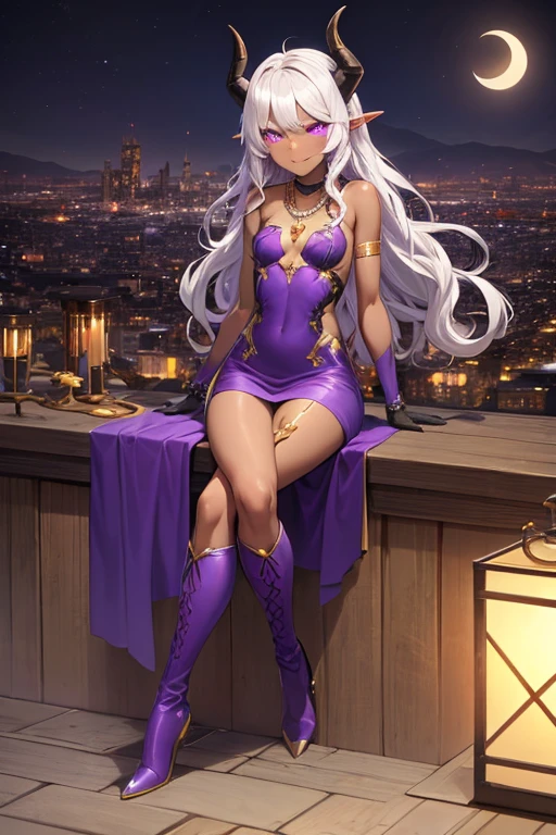 ((best quality)), ((masterpiece)), (detailed), 1 girl, full body, 20s, brown skin, dark elf, african american, flirty face, young adult, evil smile, purple eyes, moons in eyes, black sclera, white hair, somewhat wavy hair, long hair, bangs, blushing, medium breasts, small braid, gold necklace, crown, very small black horns, purple and white witch dress, bare arms, cloth on arms, seductive legs, purple boots, fan, golden wristbands, purple gloves, city background, magic, anime