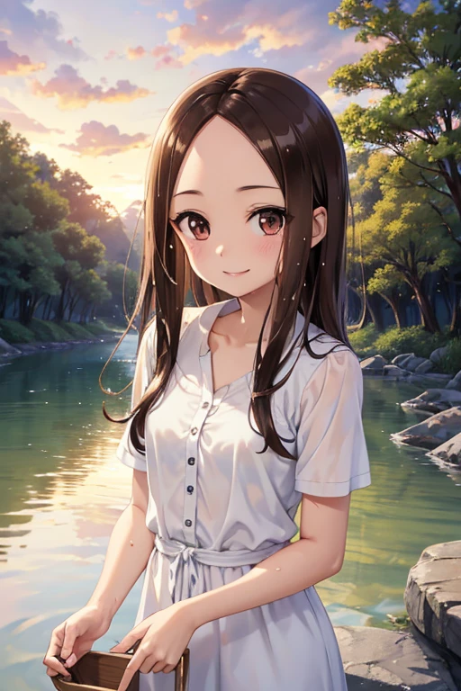 Takagi-san、Shiny brown hair, Long Hair,((Medium chest、Forehead、Center part))、 Beautiful brown eyes、smile、Sparkling eyes, (fine grain)、Very fine eye、Highly detailed face, Highly detailed eyes, Cowboy Shot、
A girl in a white dress is bathing in the river, Get wet, Have fun, No makeup, Rural landscape, sunset, I turn around