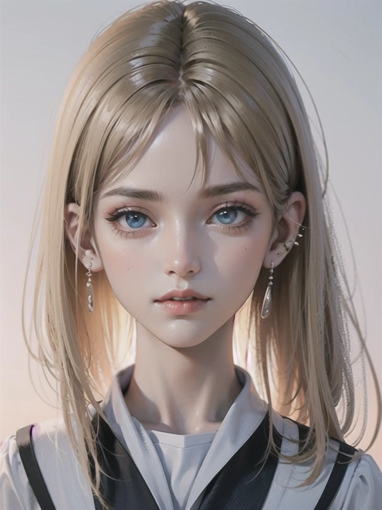 masterpiece, best quality,3d rending work,3DMM style, close-up, portrait, 3D,1girl, solo, perfect face, long hair, academy blue school uniform , long light blonde hair dyed with pink and with cute fluffy bangs well styled, hair dyed with pink color, detailed light blue eyes highlight light reflecting in her eyes, looking straight to the viewer, realistic, upper body, white background, colorful lighting, lips, edgy makeup, black shade of makeup on eyelids, ear piercing, fair skin, perfect hourglass body, she has sharp jawline, photo card, The artwork should have the best quality, with ultra-detailed and realistic features. The color palette should be vivid, and the lighting should emphasize the character's facial structure and expression.