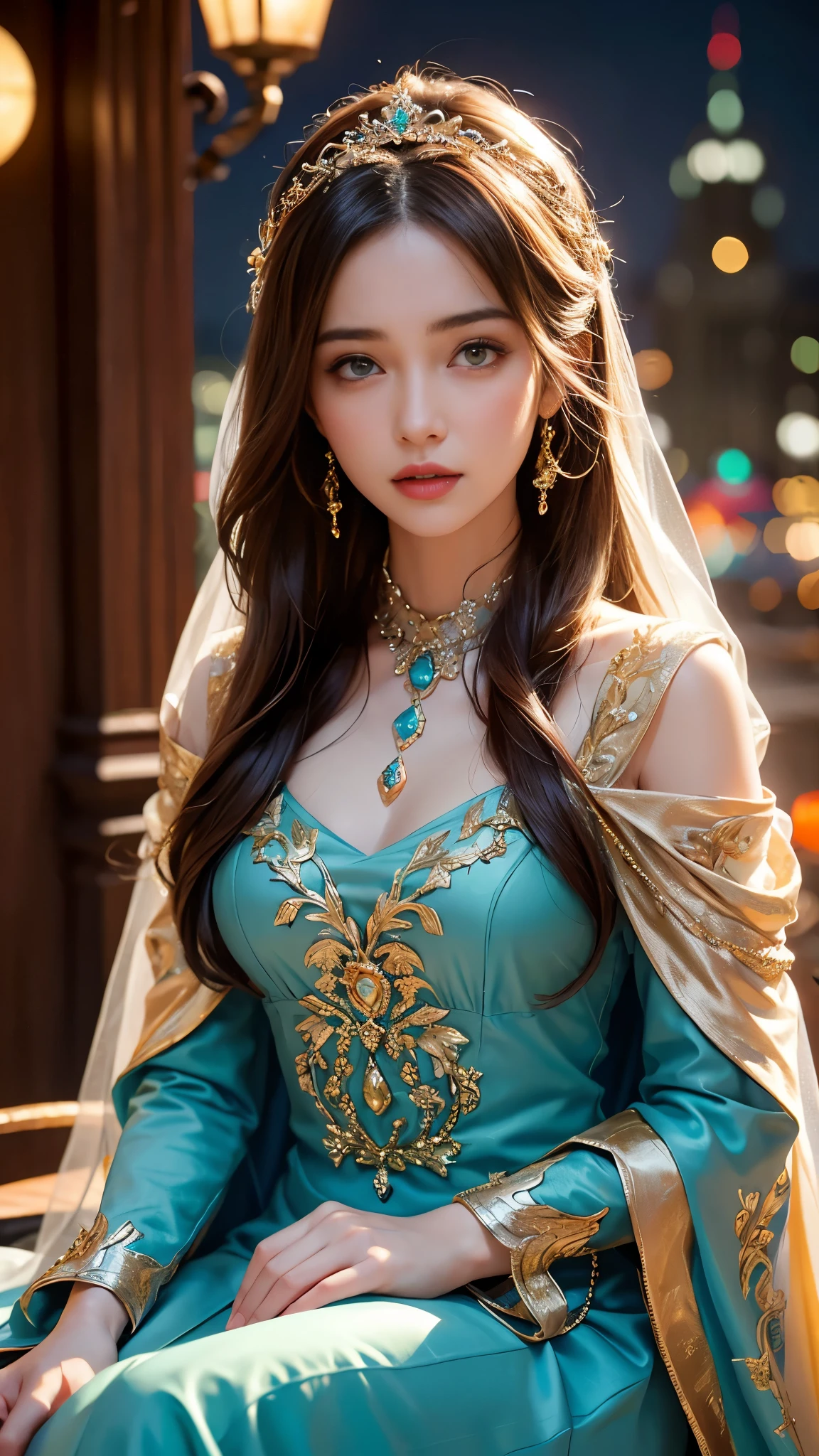 8K ultra hd, masterpiece,1 girl, ((realistic face)), detailed eyes, ((very long hair)), flowing hair, small breasts, royal dress, decorated dress, teal dress, anitque jwellery, detailed lacing, flowing cape, bare navel, moon light, amazing night outdoor, spot lights, glowing lights, depth of field, ray tracing, bloom, realistic shadow, tyndal effect, spreding, lights, looking at the audience, sitting,