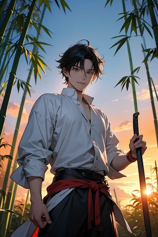 A hot-blooded boy with a strong sense of justice。Holding a Nichirin sword、Rin fighting demons々With a serious expression、In the landscape where the morning sun shines、Show a kind smile。The background is a bamboo forest and sunrise.、A powerful and hopeful atmosphere。