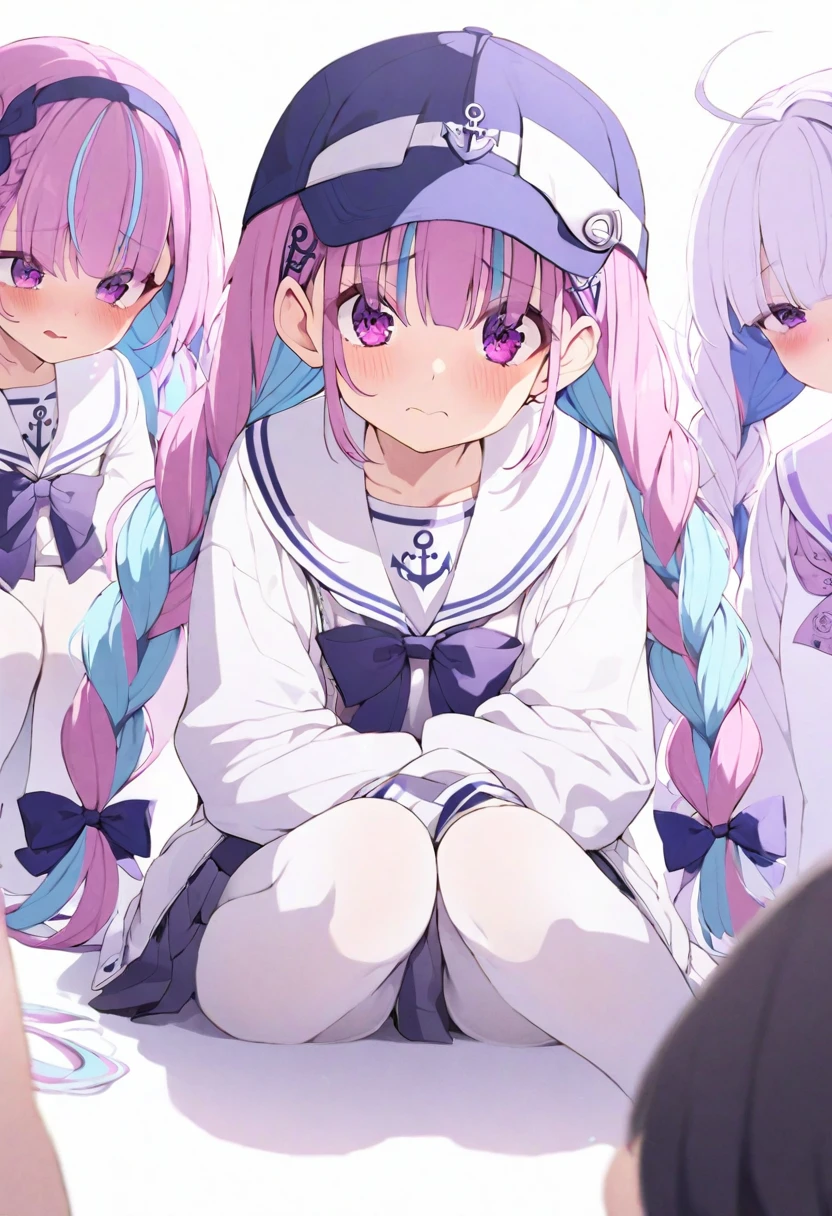(muste piece), (best quality), 1 girl, vtuber style, cool girl, vtuber, Minato Aqua, multicolor hair, Color Inner Hair, Two-tone hair, long hair, purple eyes, twin braids, blue hair, hairband, tail ornament, tail ribbon, pink hair, anchor hair ornament, ribbon, white hooded jacket, long sleeves, sailor collar, school uniform, pleated skirt, bow, twintails, bangs, wearing a blue baseball cap, white pantyhose, big chest, sitting, huddle, clasp knees, shy, embarrassed, shaded face, (full body),