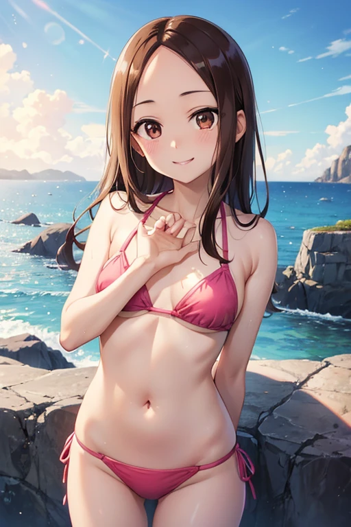 Takagi-san、Shiny brown hair, Long Hair,((Medium chest、Forehead、Center part))、 Beautiful brown eyes、smile、Sparkling eyes, (fine grain)、Very fine eye、Highly detailed face, Highly detailed eyes, Cowboy Shot、

"With a clear blue sky、It depicts a beautiful coastline with a series of steep rocks., Bathed in abundant sunlight. Pink Bikini."