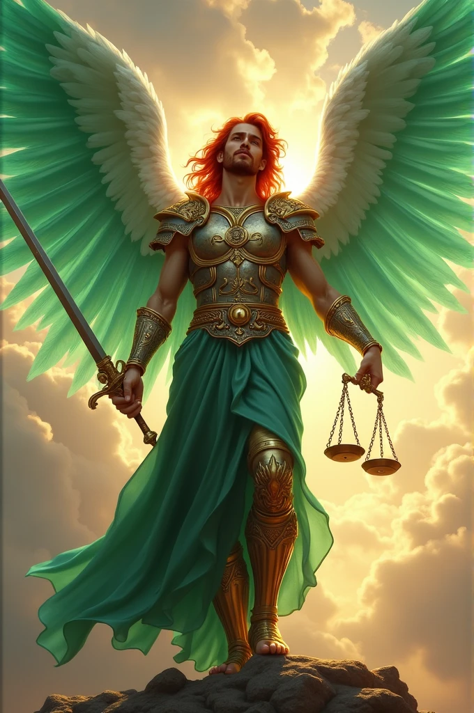 dazzling victorious angel, Angel wings, emerald wings, Red hair, Long hair, with roman armor, with a sword in his right hand and a scale in his left hand. Behind: luminous skies, skies full of angels. 