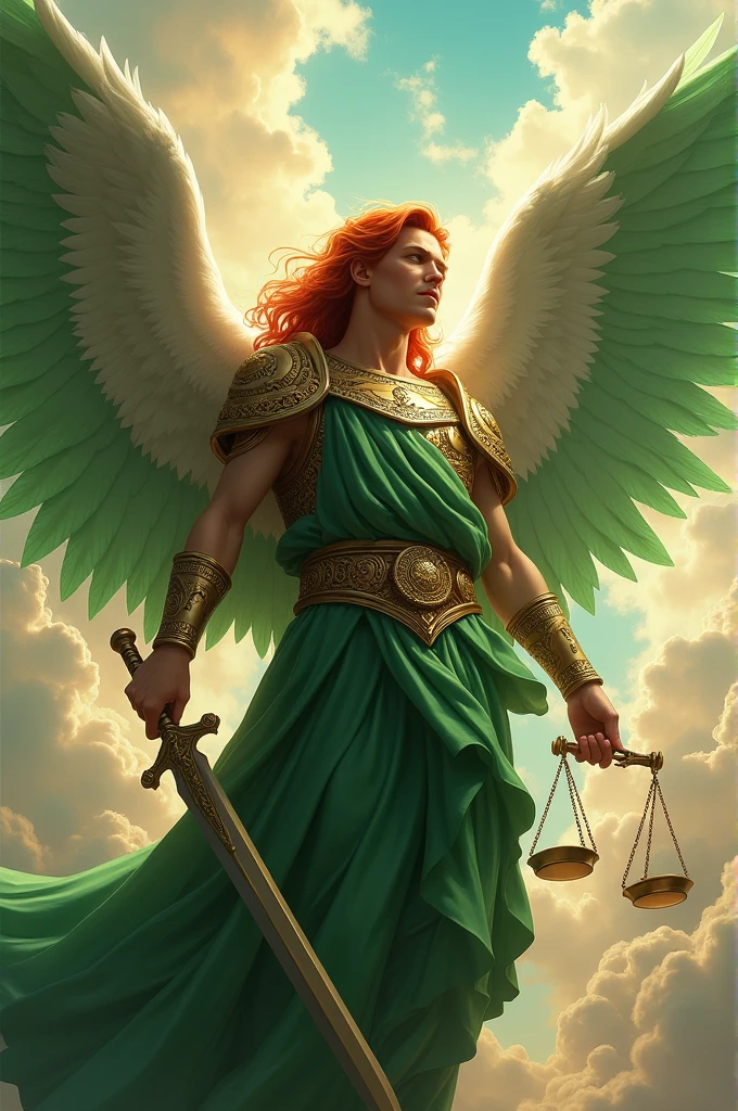 dazzling victorious angel, Angel wings, emerald wings, Red hair, Long hair, with roman armor, with a sword in his right hand and a scale in his left hand. Behind: luminous skies, skies full of angels.