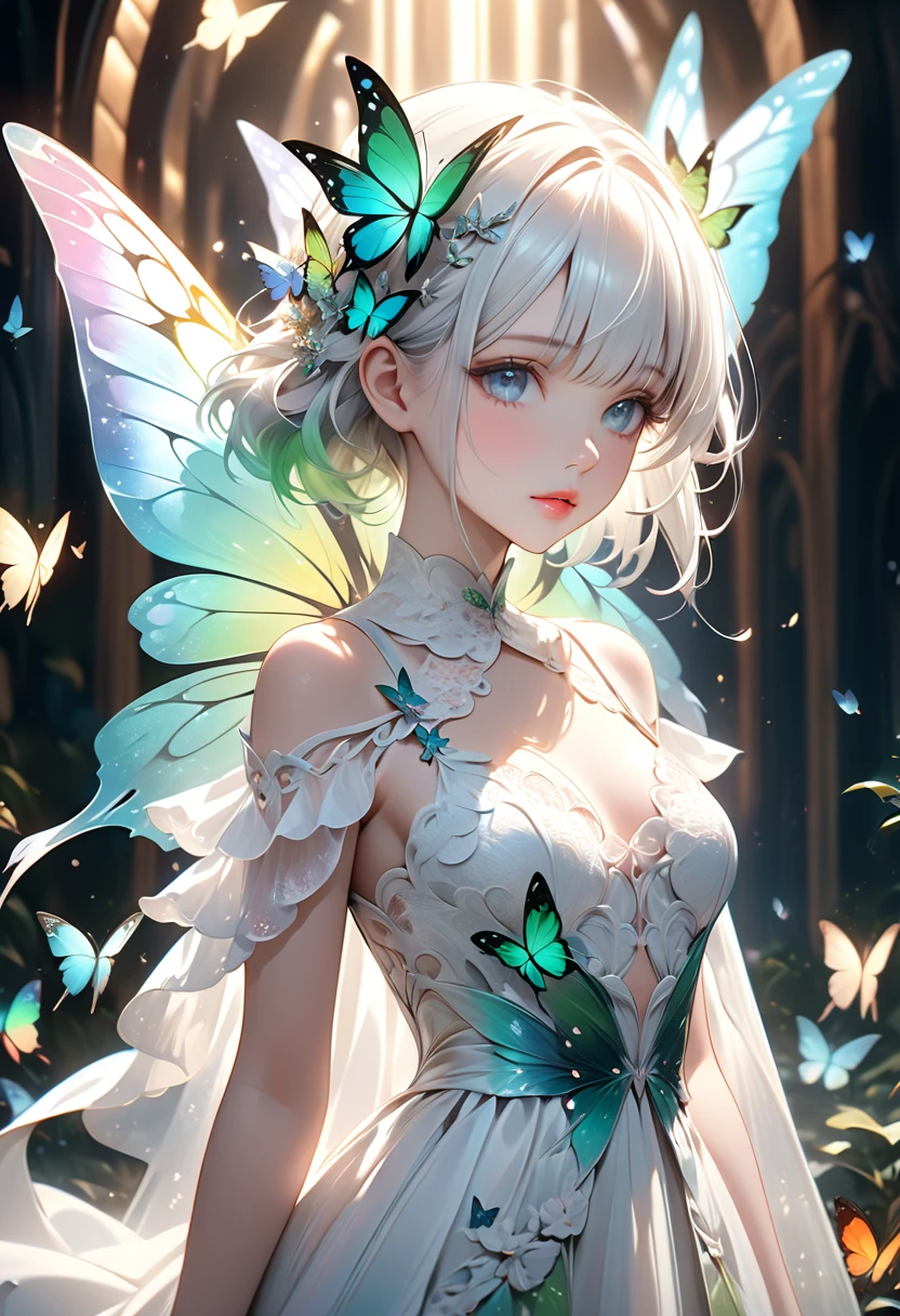 Fantasy CG art.A portrait of a girl painted in fantastical pale colors.(Pale, dreamy colors:1.5),The girl has beautiful short white hair and a green butterfly hair ornament on her head.With clear features, beautiful eyes and lips,Wonderful beautiful skin texture,My chest is a little big,Standing alone in a fantastical space wearing a gorgeous white lace dress,Shining and fantastic A background with lots of butterflies fluttering about,The girl is surrounded by beautiful butterflies with rainbow-colored holographic wings.Cowboy Shot,High quality, (masterpiece, best quality, 4k, 8k:1.5),Ultra detail,Physically based rendering, ultra-fine painting, dramatic lighting, fantasy worlds, professional photography, award-winning,