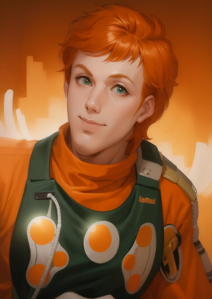 Illustration of a man, military uniform, an illustration inspired by Kanō Hōgai, Tumblr, romanticism, portrait, orange hair, the Sandman from graphic novel, deep focus, wearing an orange jumpsuit with a high collar, chest plate with circular silver attachments, and a patch with an insignia. His outfit suggests space exploration or combat, emphasizing functionality and utility. Has green eyes, and his expression exudes confidence and authority. Manly features, man, manly, strong gaze, mouth closed, mouth shut, shaved