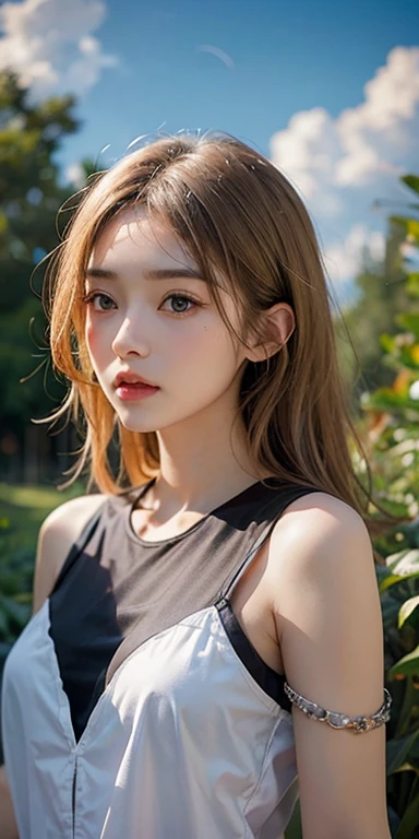 (masterpiece: 1.2, Portraiture, Highest quality), Realistic, (Live Action, Intricate details, Written boundary depth), Highest quality, masterpiece, Attention to detail, semi-Realistic, Sleeping on the grass, shy, 21 years old, Short blonde, blue eyes, blonde、 Slim figure、Shoulder Bare、Shorts 、Blue sky and a few clouds