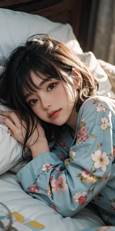 Cute girl lying face down on the bed and looking at you, 22 years old, Realistic, She wears a short, She is wearing floral pajamas, short hair.Shoulder Bare