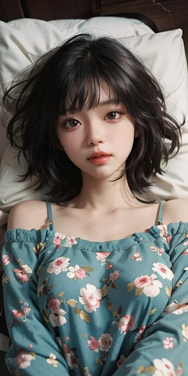 Cute girl lying face down on the bed and looking at you, 22 years old, Realistic, She wears a short, She is wearing floral pajamas, short hair.Shoulder Bare