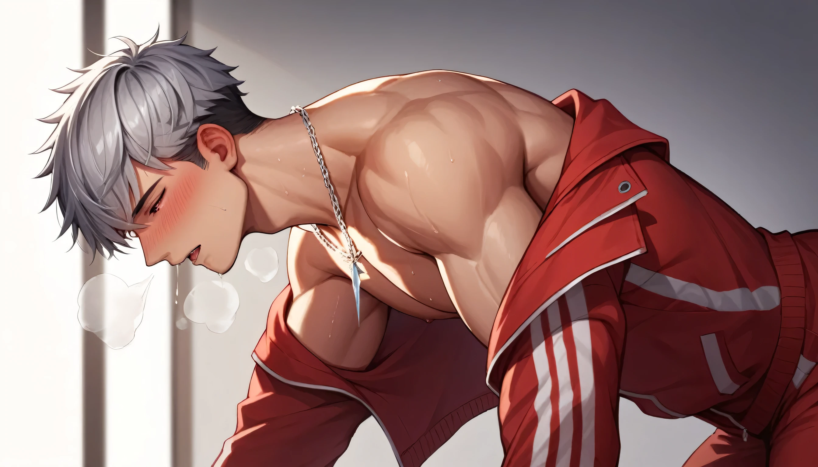 best quality, masterpiece, Extremely detailed, Close-up of muscular bodybuilder man, Soft Medium Length Curtain Bangs, blush, Wear a silver necklace, respite, Crawl on all fours sexy, Wearing an off-the-shoulder red sports jacket, exposed torso, Red sweatpants pulled to the knees revealing big muscular buttocks, Like a drop of water, No background, Very seductive expression, side view, Ambient Lighting, Dramatic shadows, Perfect, No watermark, No logo, no signature