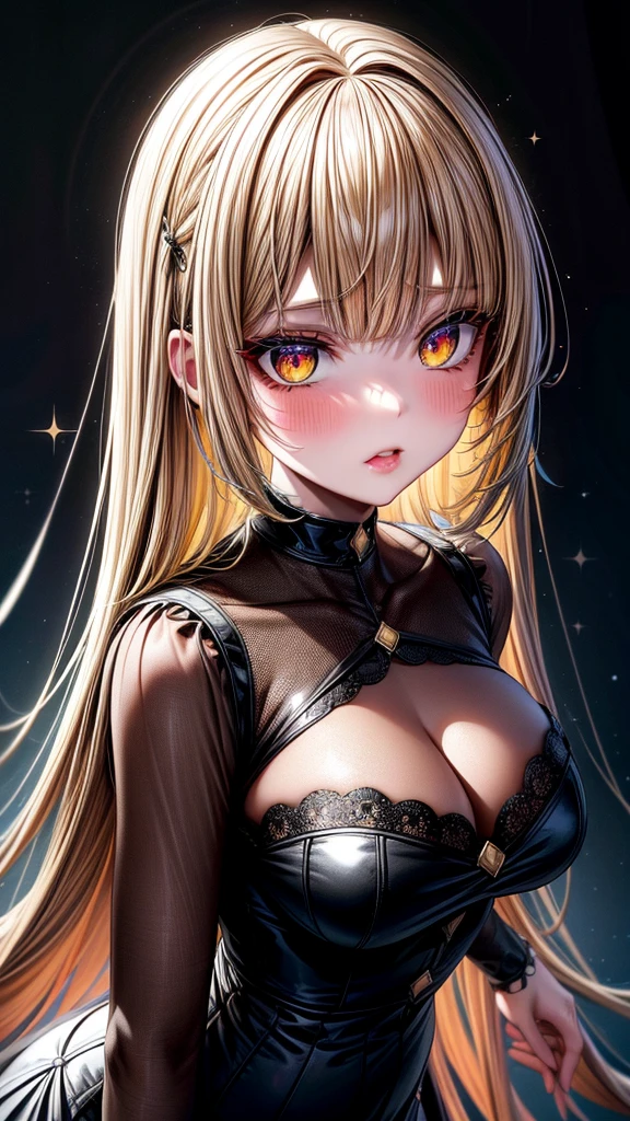 Yellow hair, bangs, blunt bangs, hime cut, straight hair, hair spread out, shiny hair, very longer hair, glowing redfire eyes, sparkling eyes, wide eyes, red eyes, pupils sparkling, longeyelashes, makeup, tongue out, parted lips, bright pupils, full blush, saliva trail, fang, badas woman, crash girl, Surrealism, Gothic art, Realism, Hyperrealism, reflection light, drop shadow, sparkle, diffraction spikes, UHD, masterpiece, ccurate, anatomically correct, super serious detail, high details, high quality, best quality, highres, 1080P, 4K, HD