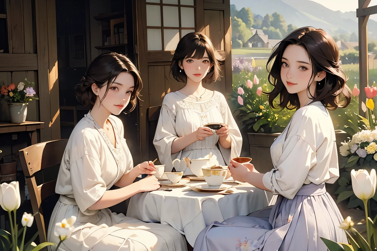 (Highest quality、masterpiece、High resolution)、(Sargent-style watercolor)、(Anime Art)、Soft Light、Cotswolds view、Old farmhouse、(Tulip flowers bloom:1.2)、(Three Women)、Medium Short Hair、Dark brown hair、Braided hair、White blouse and long skirt、picnic、table、Tea set、drink tea、Cinematic Light、Soft sunlight、Blur the background、