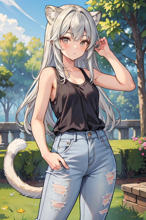 (masterpiece,best quality,ultra-detailed), an anime girl who is at 18 years old, princely and tomboy girl. She has silver gray long hair with side-swiped bangs, amber apricot eyes, white lioness ears and tail, tall and pear curves, wearing tank top and short jeans, standing there like a tomboy girl