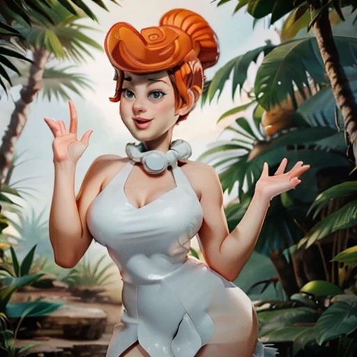 gorgeous woman ("Wilma Flintstone"), delicate face, delicate hands, perfect big breasts, wide hips, white rustic toga, in a jurassic forest