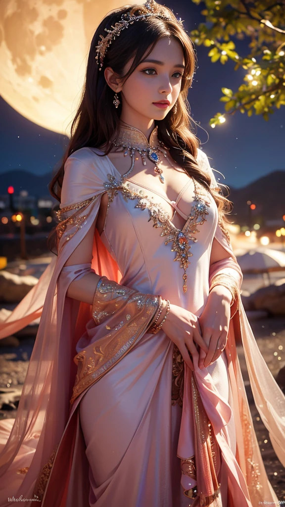 8K ultra hd, masterpiece,1 girl, ((realistic face)), detailed eyes, ((very long hair)), flowing hair, small breasts, royal dress, decorated dress, magenta and white dress, anitque jwellery, detailed lacing, flowing cape, bare navel, moon light, amazing night outdoor, spot lights, glowing lights, depth of field, ray tracing, bloom, realistic shadow, tyndal effect, spreding, lights, looking at the audience,