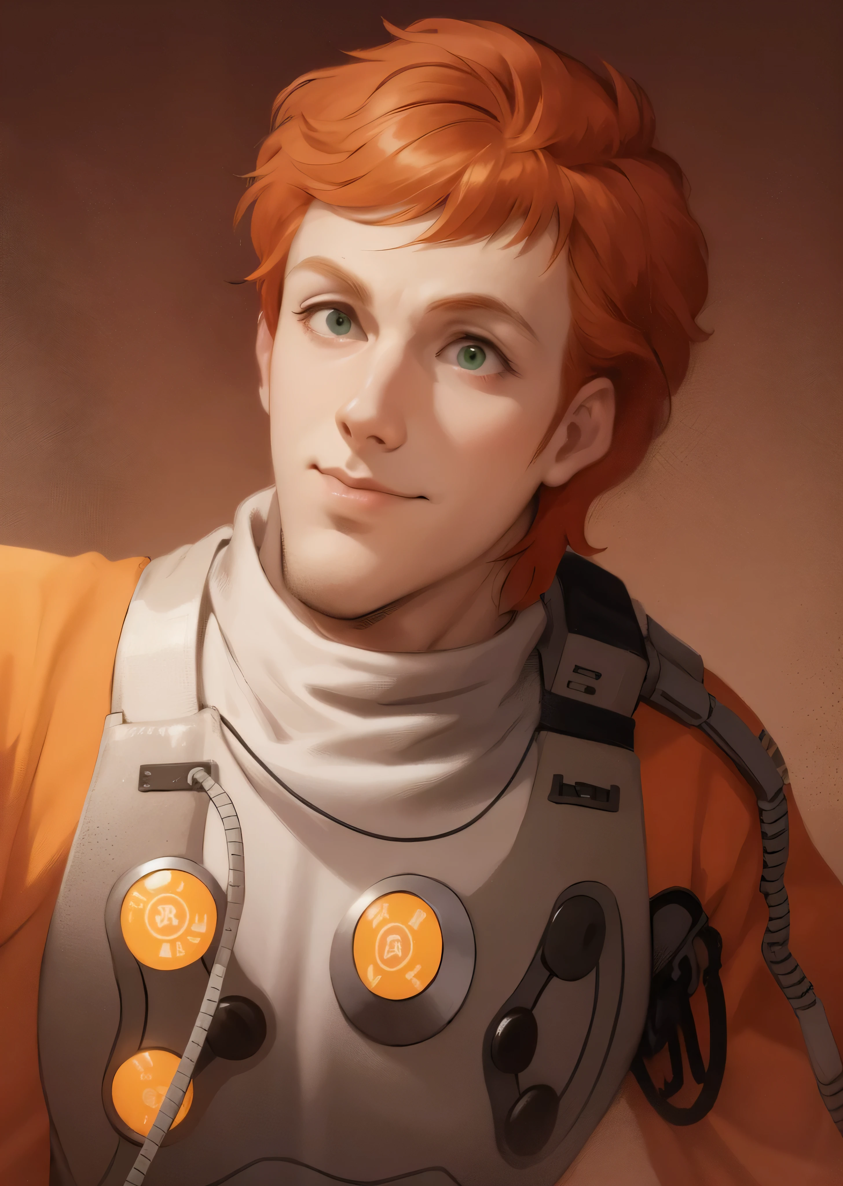 Illustration of a man, futuristic military uniform, an illustration inspired by Kanō Hōgai, Tumblr, romanticism, portrait, orange hair, the Sandman from graphic novel, deep focus, wearing an orange jumpsuit with a high collar, chest plate with circular silver attachments, and a patch with an insignia. His outfit suggests space exploration or combat, emphasizing functionality and utility. Has green eyes, and his expression exudes confidence and authority. Manly features, man, manly, strong gaze, mouth closed, mouth shut, shaved