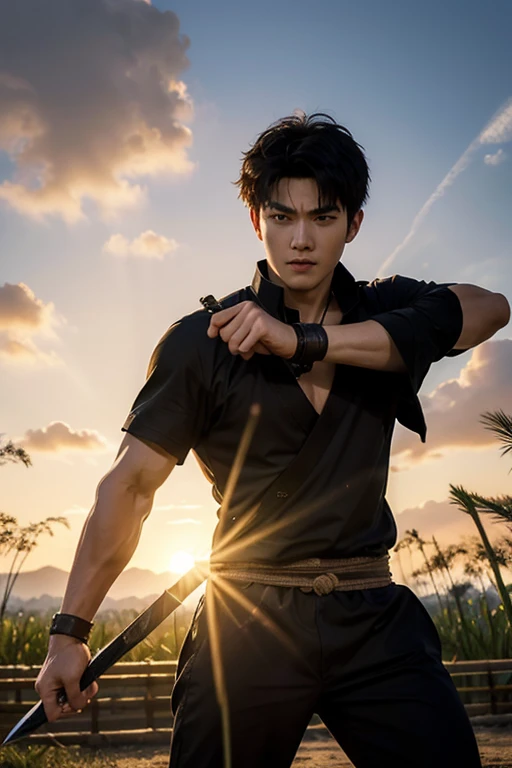 A hot-blooded boy with a strong sense of justice。Holding a Nichirin sword、Rin fighting demons々With a serious expression、In the landscape where the morning sun shines、Show a kind smile。The background is a bamboo forest and sunrise.、A powerful and hopeful atmosphere。