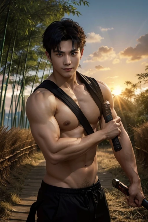 A hot-blooded boy with a strong sense of justice。Holding a Nichirin sword、Rin fighting demons々With a serious expression、In the landscape where the morning sun shines、Show a kind smile。The background is a bamboo forest and sunrise.、A powerful and hopeful atmosphere。