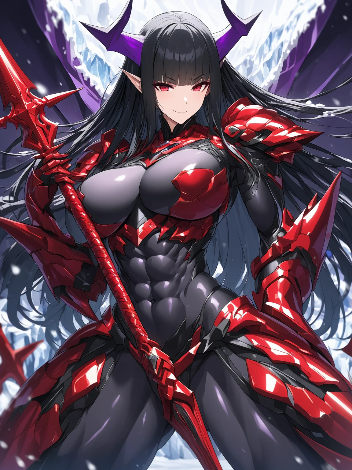 masterpiece, Very detailed, ultra detailed, One, (1 woman), athletic and prominent body, strong abs, She wears futuristic red armor with shiny black details., with a large and detailed spear, in a stable and fighting position, super mature, high, mother, mature mother, by the wide, straight hair and straight bangs, shiny black hair, purple demonic horns, beautiful, charming, blood red eyes, elegant, big breasts(huge), easy smile, charming, against the background of snow, ice and winter.