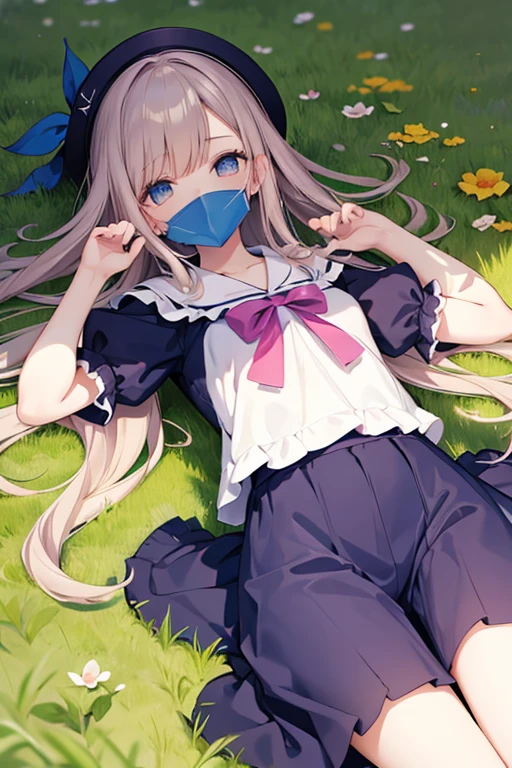 Girl lying on the grass long hair kawaii clothes