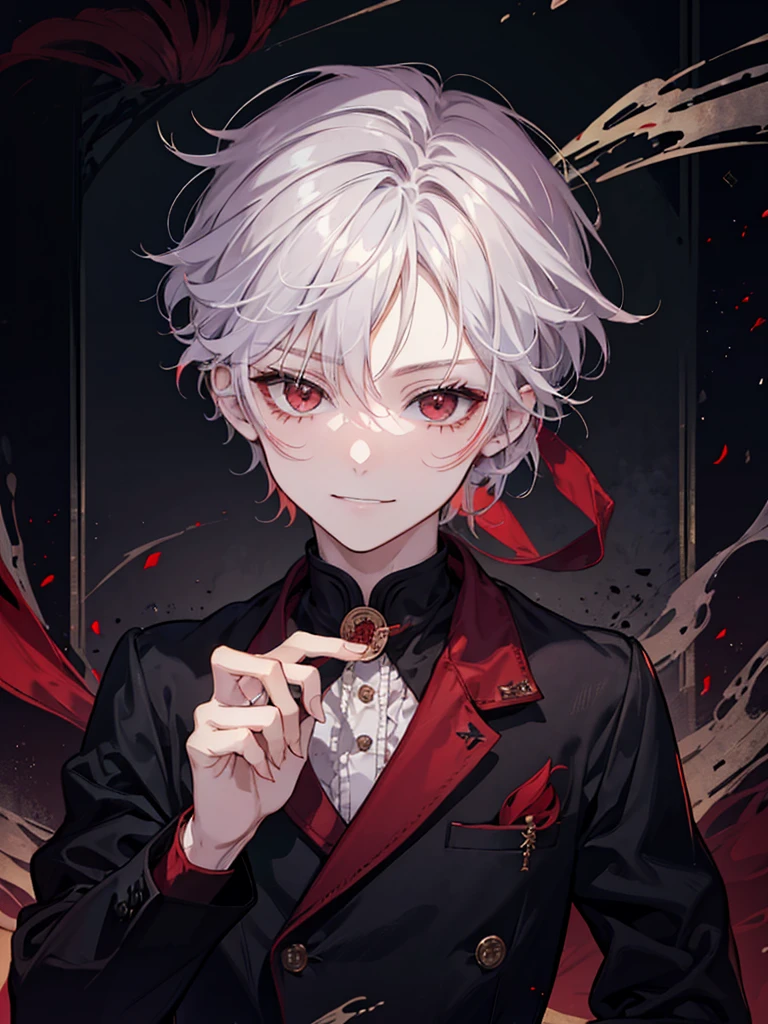 little boy, red eyes, white short wavy hair, cool boy, handsome boy. sadistic smile. noble