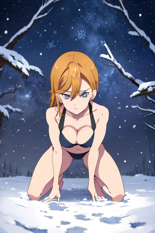 top-quality, hight resolution, 18 with, 1girl in, android 18, solo, blonde hair, blue eyess, shorth hair, Medium chest, cowboy shot, snow, micro bikini, cleavage of the breast、emotionless expression、full body Esbian、opened legs、bend knee、Open your knees from side to side、sneakers、Seen from the front、Looking down from above:1.3、Put your hands behind your body、pornographic, seductive posture,
