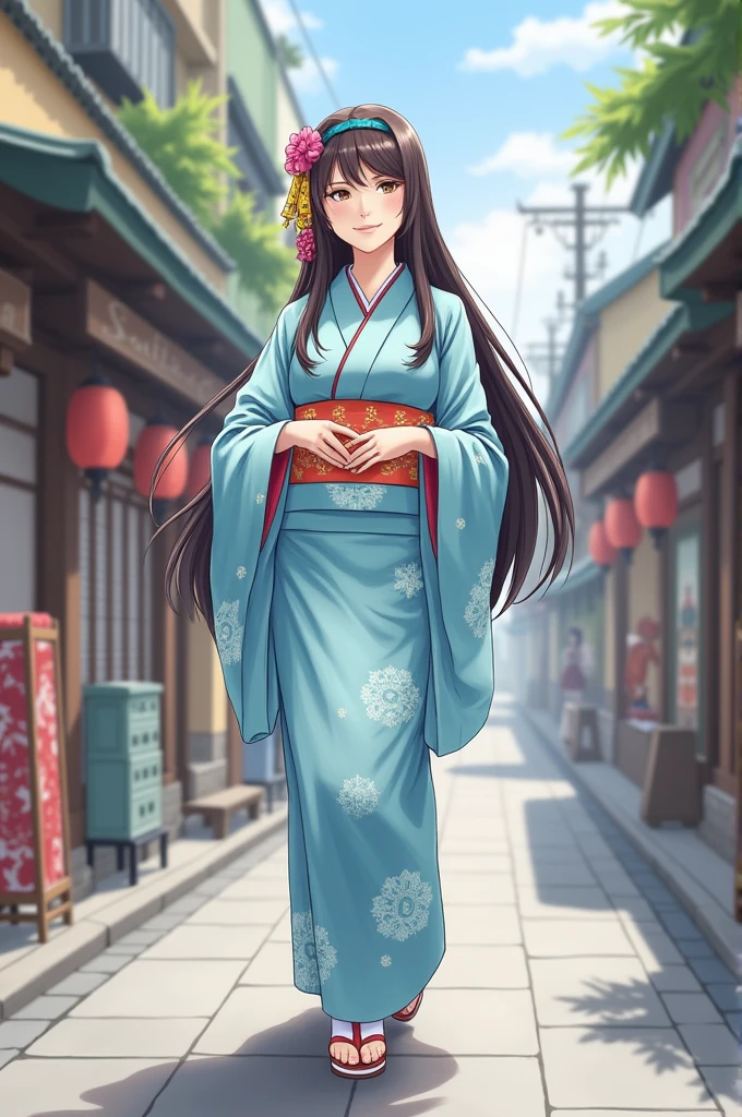 Shopping Street、Edo Period、Wearing a kimono（Kimono color、light blue）、Woman looking forward and smiling、Medium build、Age: about 25 years old、Long Hair、Beauty