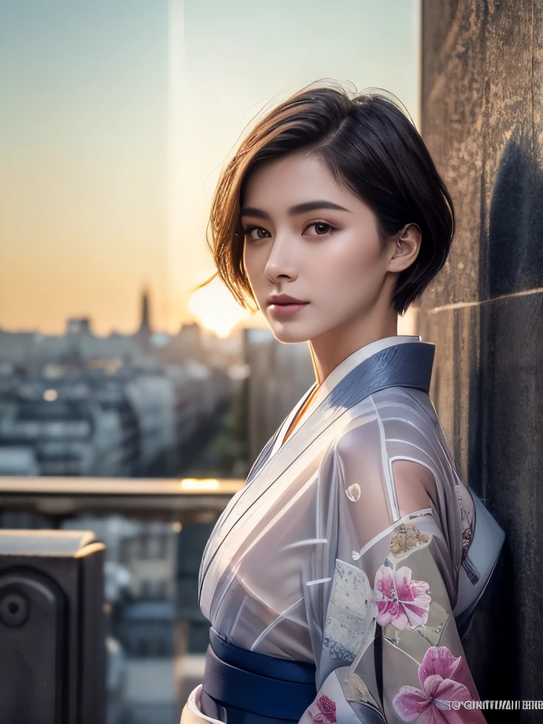 (Highest quality, 16K, Ultra high definition, masterpiece: 1.3)), 1 girl, Sharp focus: 1.2, Beautiful woman with perfect figure: 1.4, Slim Abs: 1.2, (((Short Bob Hair)), ((small: 1.4)), ((Facial model: 1.3)), (Transparent fabric kimono: 1.5)), Highly detailed face and skin texture, Detailed eyes, double eyelid, (((stop temporarily)), (Fascinating)), walk, Paris cityscape, Low - Angle, Shooting from below: 1.5, 8k Raw Photo:1.5,