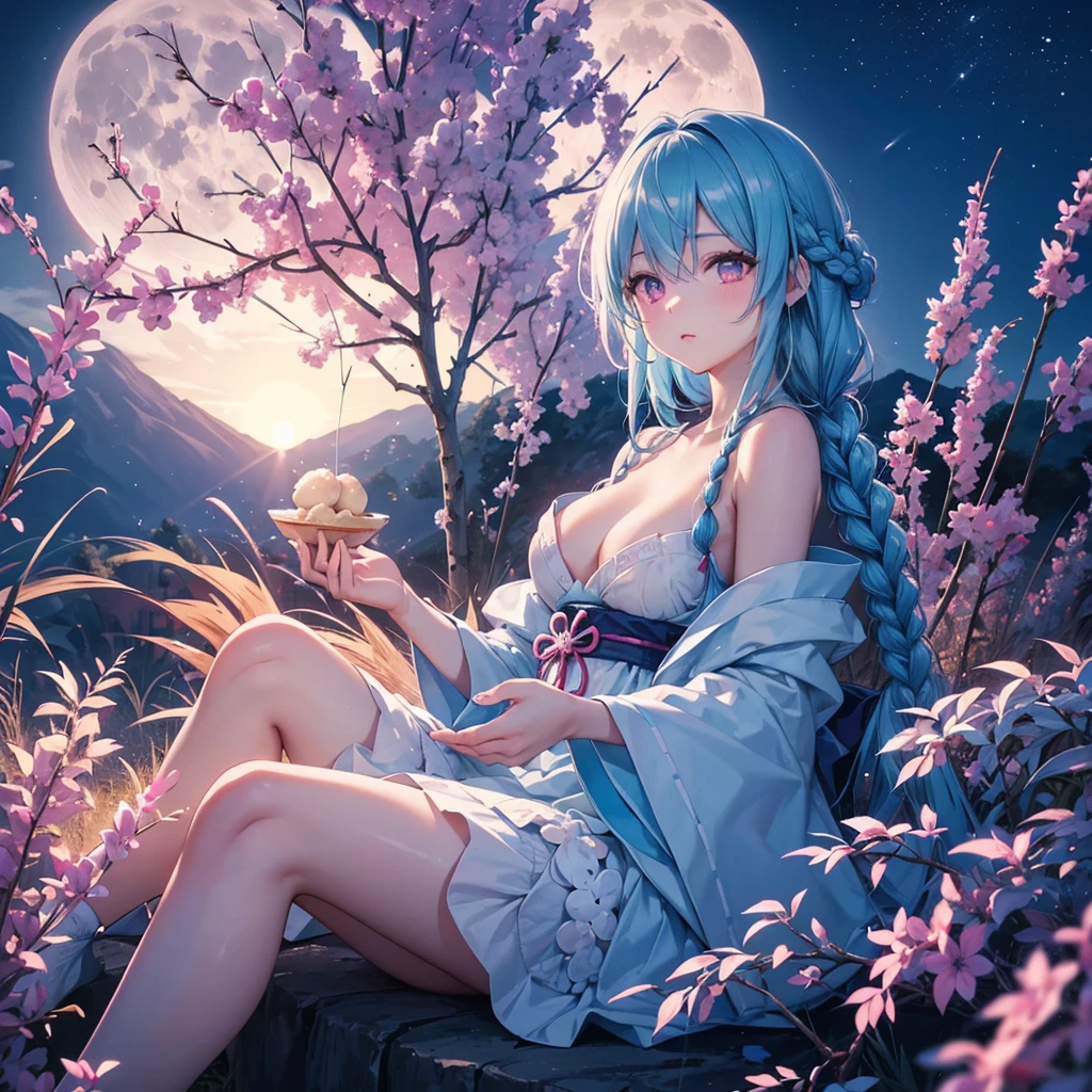 Sky blue hair, (1 braided hair), (Pink eyes),Fair skin)  ,(whole body),(One Girl),(White sweet dumplings ),Japanese pampas grass,(beautiful, Full moon shining in the night sky),(masterpiece, Highest quality, Very detailed, Best Shadow), (Detailed Background), (Beautifully detailed face), High Contrast, (Best lighting, Very delicate and beautiful), ((Cinematic Light)), Hyper Detail,8k, Dramatic Light, Intricate details,Sit down and eat dumplings,