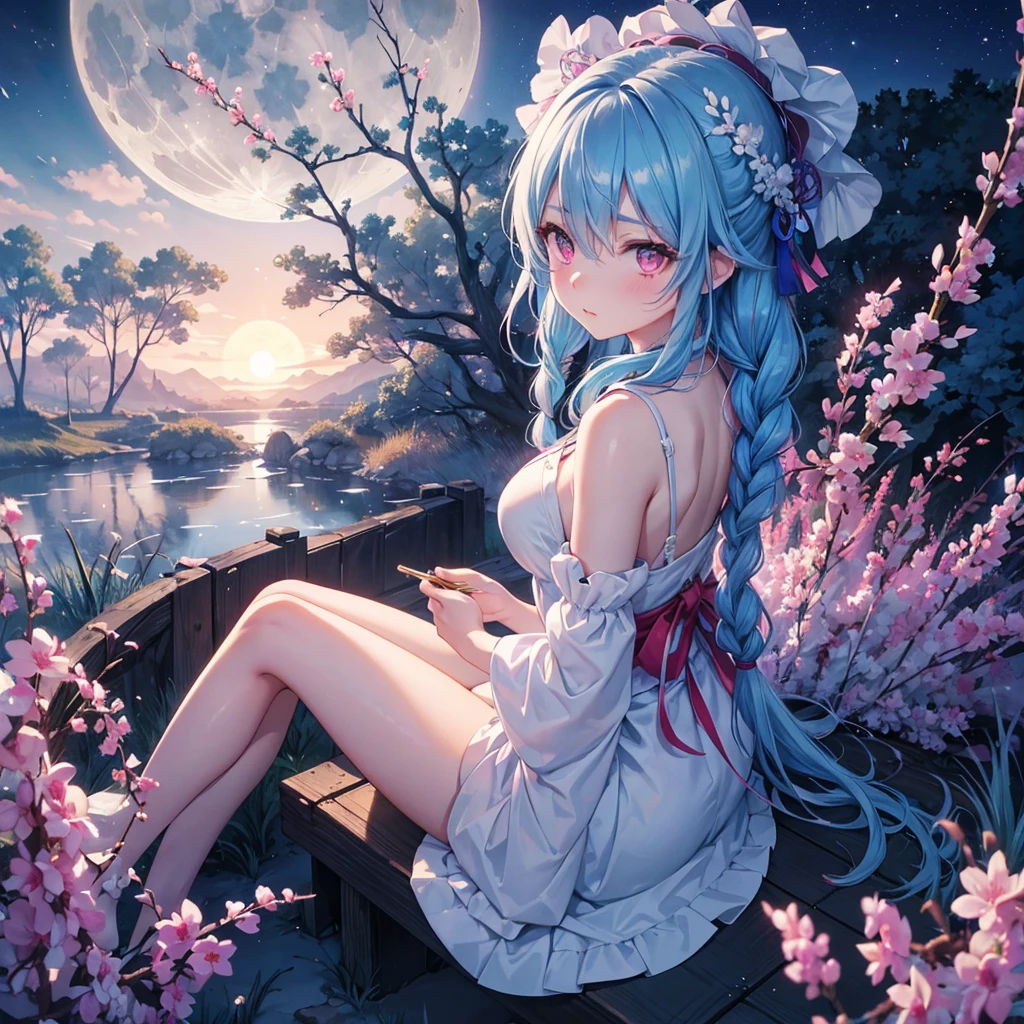 Sky blue hair, (1 braided hair), (Pink eyes),Fair skin) ,(whole body),(One Girl),(White sweet dumplings ),Japanese pampas grass,(beautiful, Full moon shining in the night sky),(masterpiece, Highest quality, Very detailed, Best Shadow), (Detailed Background), (Beautifully detailed face), High Contrast, (Best lighting, Very delicate and beautiful), ((Cinematic Light)), Hyper Detail,8k, Dramatic Light, Intricate details,Sit down and eat dumplings,