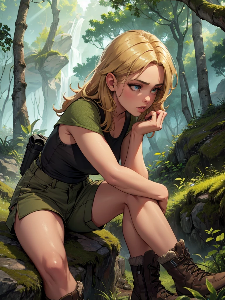 a tomboy girl in a lush green forest, dirty blonde hair, athletic build, wearing a loose tank top and cargo shorts, hiking boots, adventurous expression, natural lighting, detailed portrait, highly detailed, cinematic, intricate details, vibrant colors, photorealistic, masterpiece, (best quality,8k,highres,masterpiece:1.2),ultra-detailed,(realistic,photorealistic,photo-realistic:1.37),extremely detailed eyes and face, beautiful detailed lips, longeyelashes, rugged outdoor scene, mossy rocks, sunbeams, depth of field
