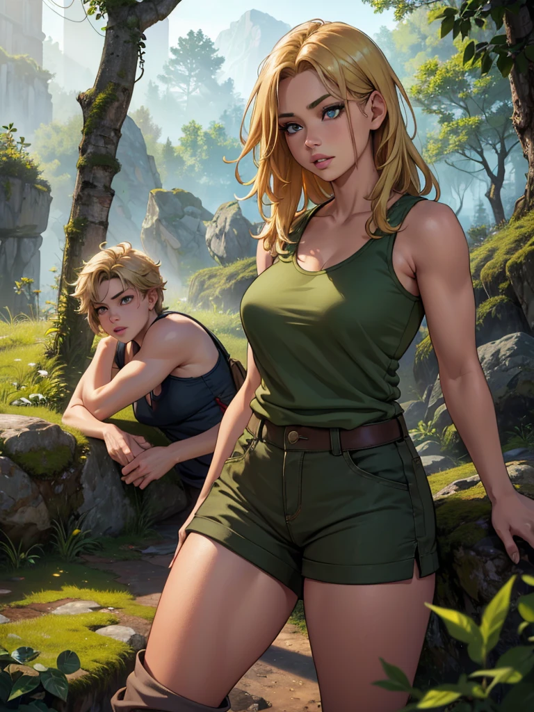 a tomboy girl in a lush green forest, dirty blonde hair, athletic build, wearing a loose tank top and cargo shorts, hiking boots, adventurous expression, natural lighting, detailed portrait, highly detailed, cinematic, intricate details, vibrant colors, photorealistic, masterpiece, (best quality,8k,highres,masterpiece:1.2),ultra-detailed,(realistic,photorealistic,photo-realistic:1.37),extremely detailed eyes and face, beautiful detailed lips, longeyelashes, rugged outdoor scene, mossy rocks, sunbeams, depth of field