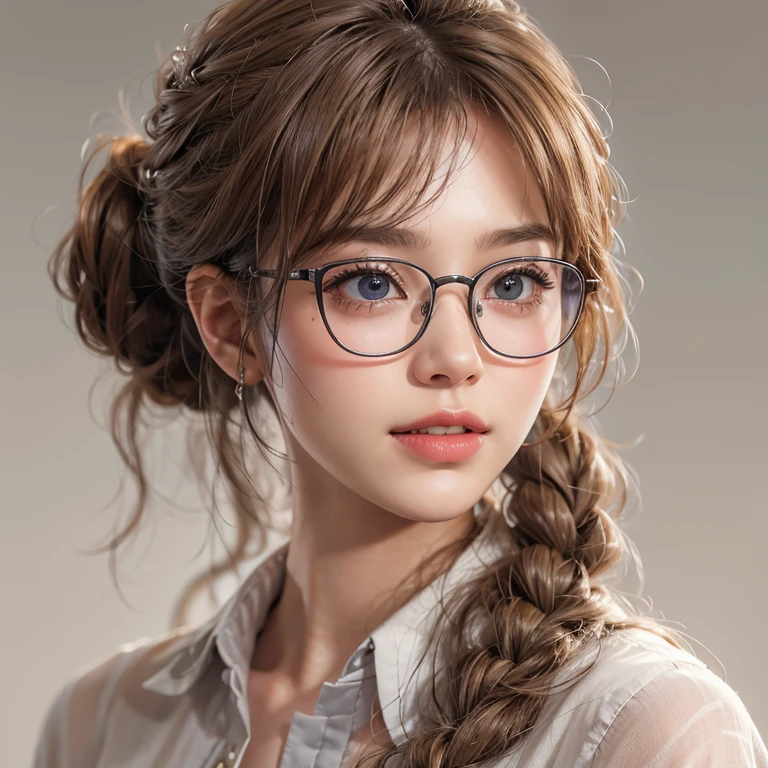 librarian、Clean look、White blouse、Tight Skirt、Glasses(masterpiece:1.3), (8k, Realistic, RAW Photos, Best image quality: 1.4), Japanese 、26 years old,(Random Hairstyles:1.2)、Cleavage:1.2、Highly detailed face、Attention to detail、double eyelid、Chest to chest、Sharp focus:1.2、Beautiful woman:1.4、Light brown hair、Highest quality、masterpiece、Ultra-high resolution、(Realistic:1.4)、Highly detailed and professionally lit smiles、She is looking for a book、Braiding、Remember