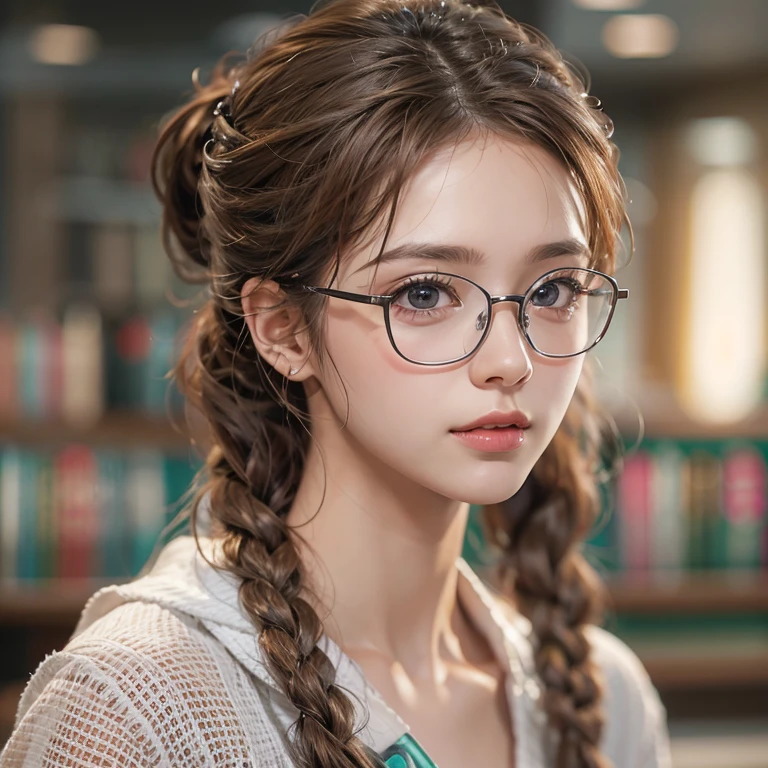 librarian、Clean look、White blouse、Tight Skirt、Glasses(masterpiece:1.3), (8k, Realistic, RAW Photos, Best image quality: 1.4), Japanese 、26 years old,(Random Hairstyles:1.2)、Cleavage:1.2、Highly detailed face、Attention to detail、double eyelid、Chest to chest、Sharp focus:1.2、Beautiful woman:1.4、Light brown hair、Highest quality、masterpiece、Ultra-high resolution、(Realistic:1.4)、Highly detailed and professionally lit smiles、She is looking for a book、Braiding、Remember
