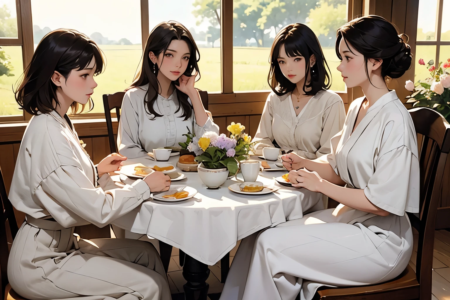 (Highest quality、masterpiece、High resolution)、(Sargent-style watercolor)、(Anime Art)、Soft Light、Cotswolds view、Old farmhouse、(Tulip flowers bloom:1.2)、(Three Women)、Medium Short Hair、Dark brown hair、Braided hair、White blouse and long skirt、picnic、table、Tea set、drink tea、Cinematic Light、Soft sunlight、Blur the background、